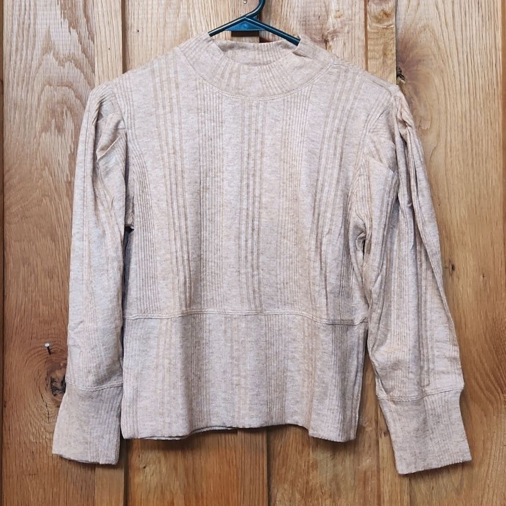 Band Of The Free 3/4 Sleeve Mock Neck Lightweight Ribbed Sweater, Medium, Tan